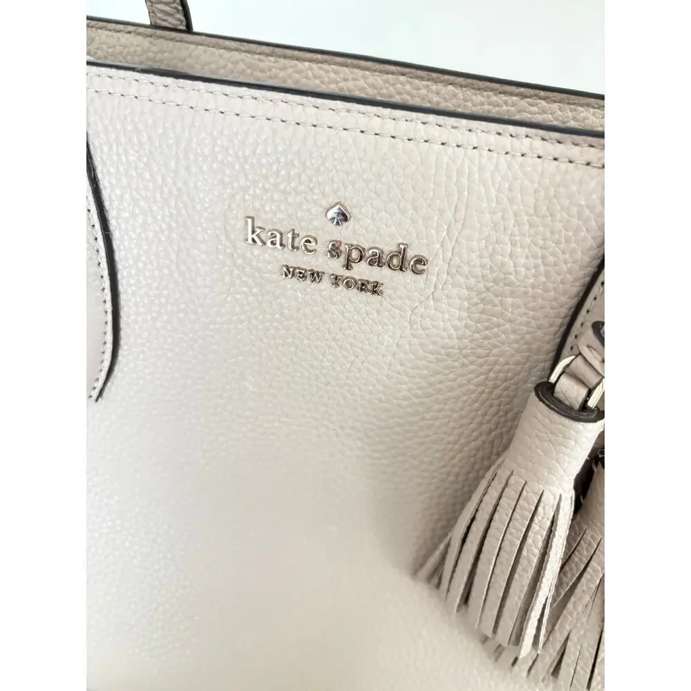 Kate Spade New York Pebbled Leather Tassel Tote Bag Beige Neutral Work Satchel